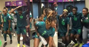 Joy in the locker room as Super Falcons celebrate their win against South Africa.